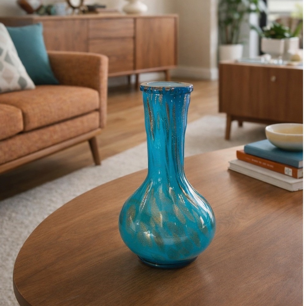 MCM Turquoise Blue Blown‎ Glass Vase Metallic Gold Drips Art Glass